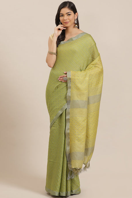 Buy Cotton Silk Woven Saree in Green Yellow