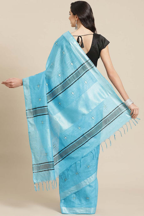 Buy Silk Blend Zari Woven Saree in Sky Blue Online - Back