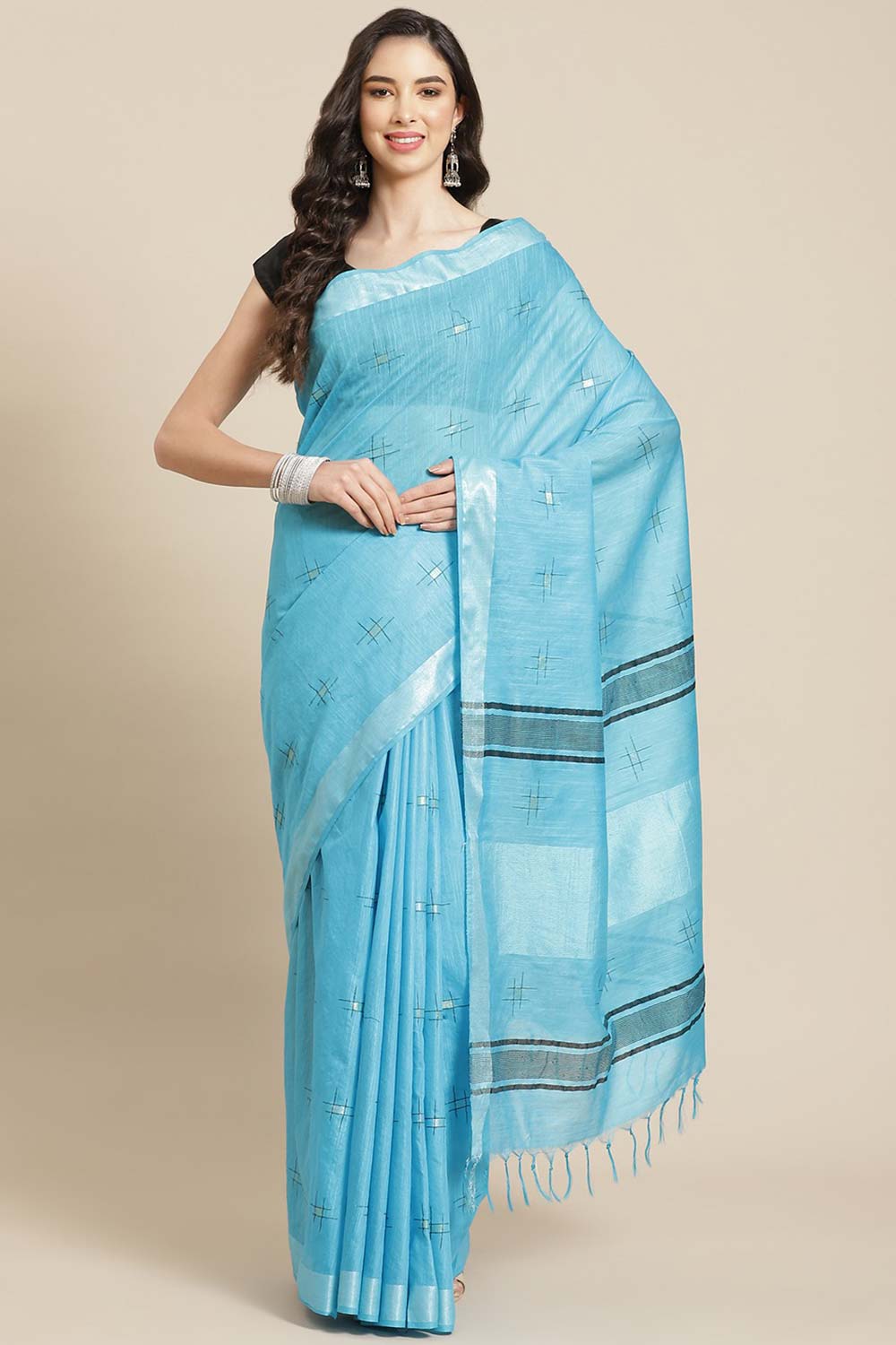 Buy Silk Blend Zari Woven Saree in Sky Blue Online