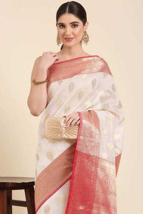 White Silk Blend Self-design Saree