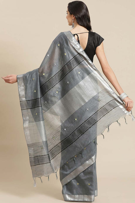 Buy Silk Blend Zari Woven Saree in Grey Online - Back