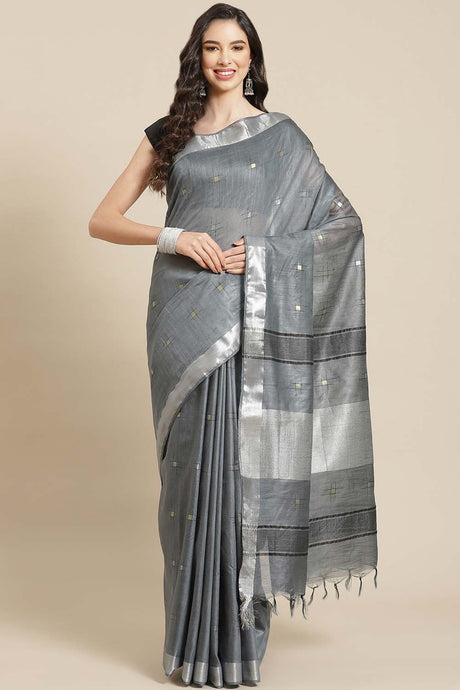 Buy Silk Blend Zari Woven Saree in Grey Online