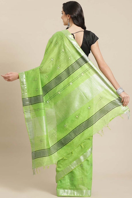 Buy Silk Blend Zari Woven Saree in Light Green Online - Back