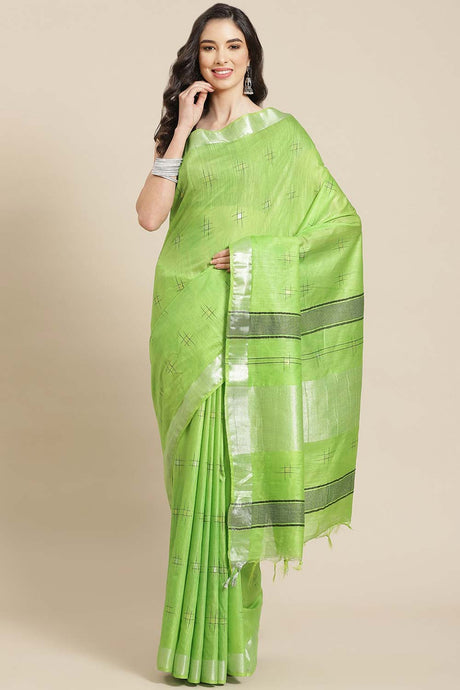 Buy Silk Blend Zari Woven Saree in Light Green Online