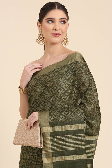 Green Silk Blend Self-Design Saree