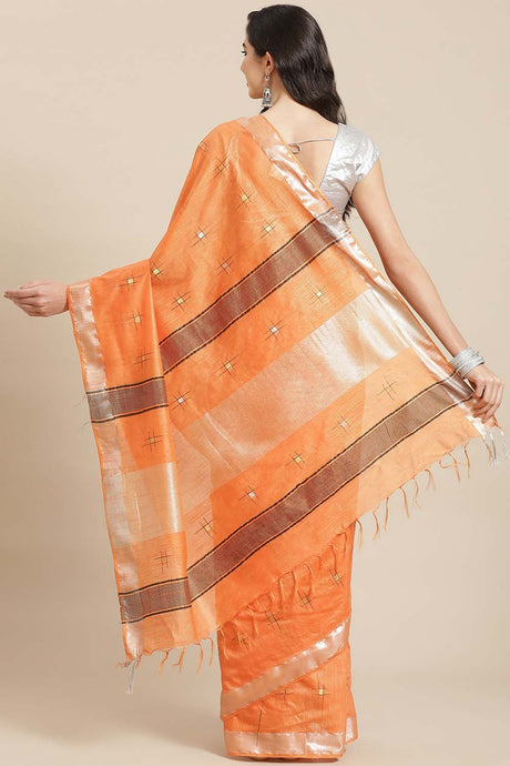 Buy Silk Blend Zari Woven Saree in Light Orange Online - Back