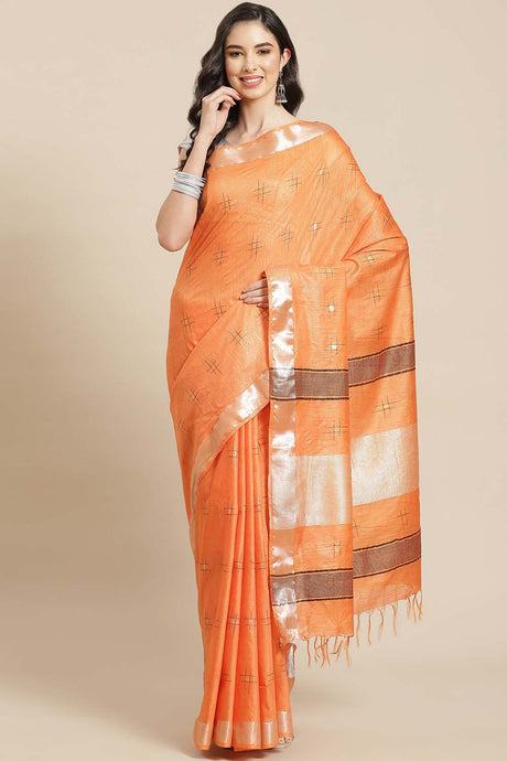 Buy Silk Blend Zari Woven Saree in Light Orange Online