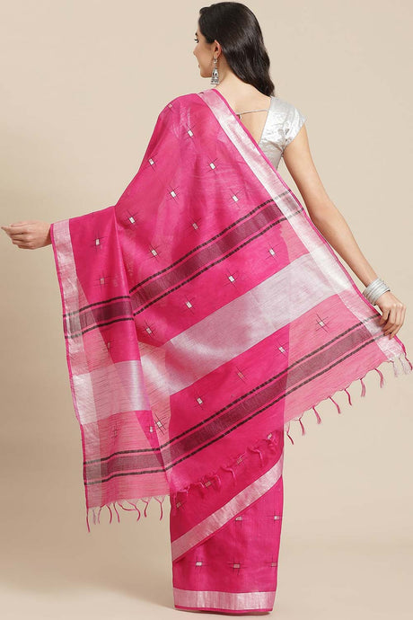 Buy Silk Blend Zari Woven Saree in Pink Online - Back