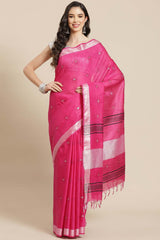 Buy Silk Blend Zari Woven Saree in Pink Online