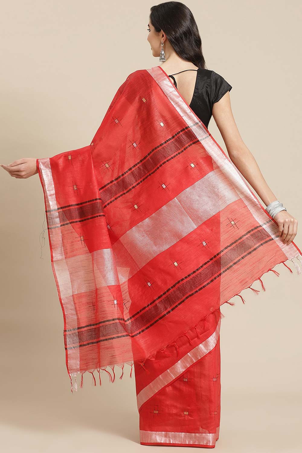 Buy Silk Blend Zari Woven Saree in Red Online - Back