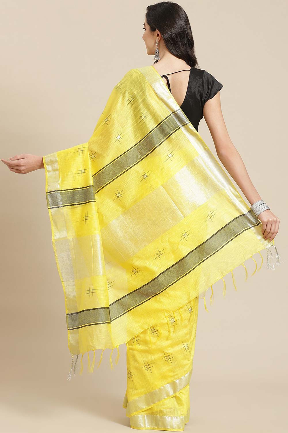 Buy Silk Blend Zari Woven Saree in Light Yellow Online - Back