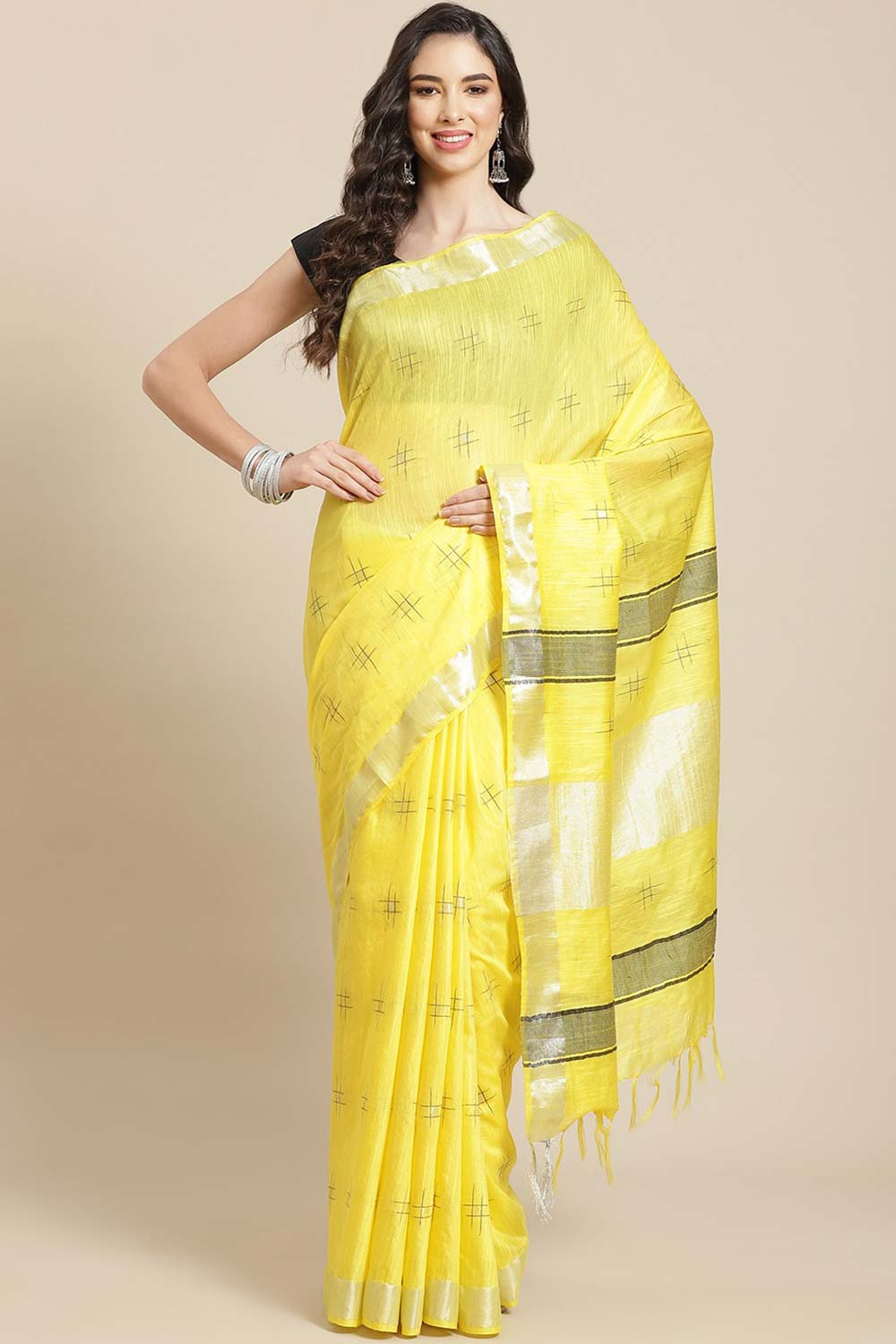 Buy Silk Blend Zari Woven Saree in Light Yellow Online