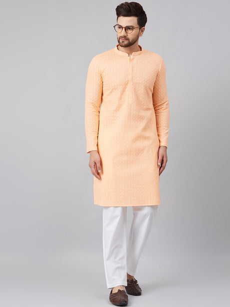 Buy Men's Peach Cotton Chikankari Embroidered Kurta Pajama Set Online