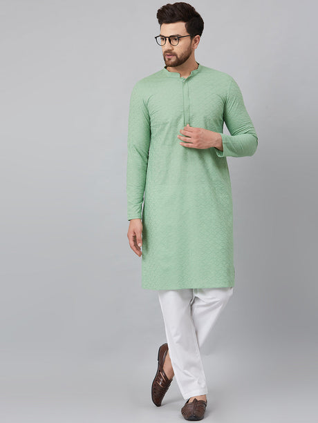 Buy Men's Green Cotton Chikankari Embroidered Kurta Pajama Set Online
