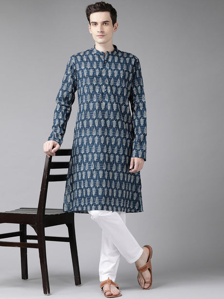 Buy Men's Blue Cotton Printed Straight Kurta Online