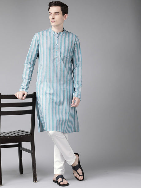 Buy Men's Multi Cotton Stripe Printed Straight Kurta Online