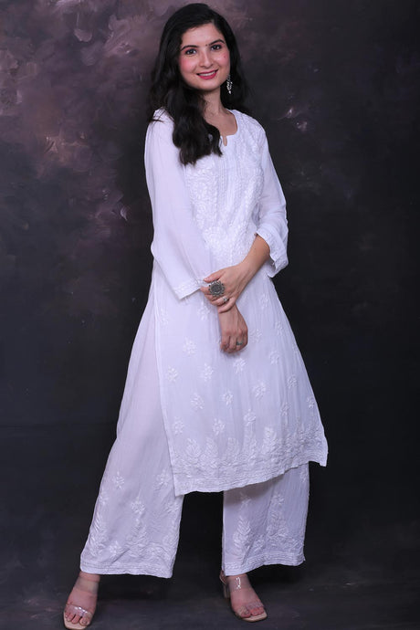 Hand Embroidered Chikankari Kurti And Palazzo Set In White