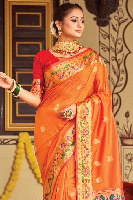 Orange Paithani Art Silk Saree