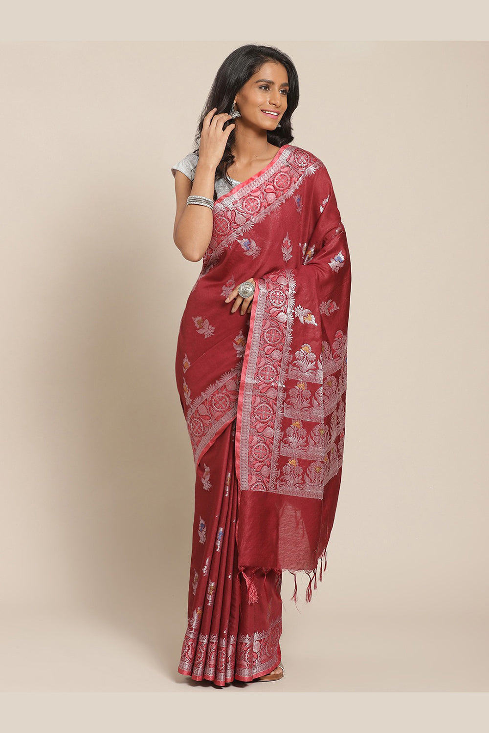 Buy Cotton Silk Woven Saree in Maroon