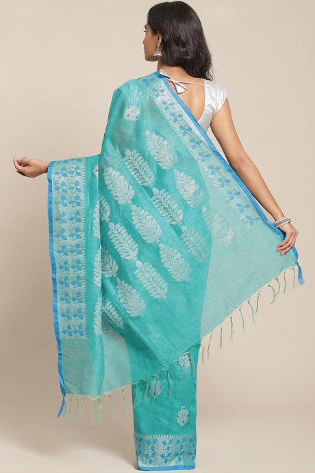 Buy Linen Woven Saree in Blue