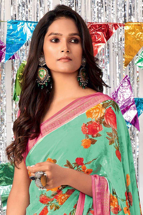 Sea Green Georgette Floral Printed Saree