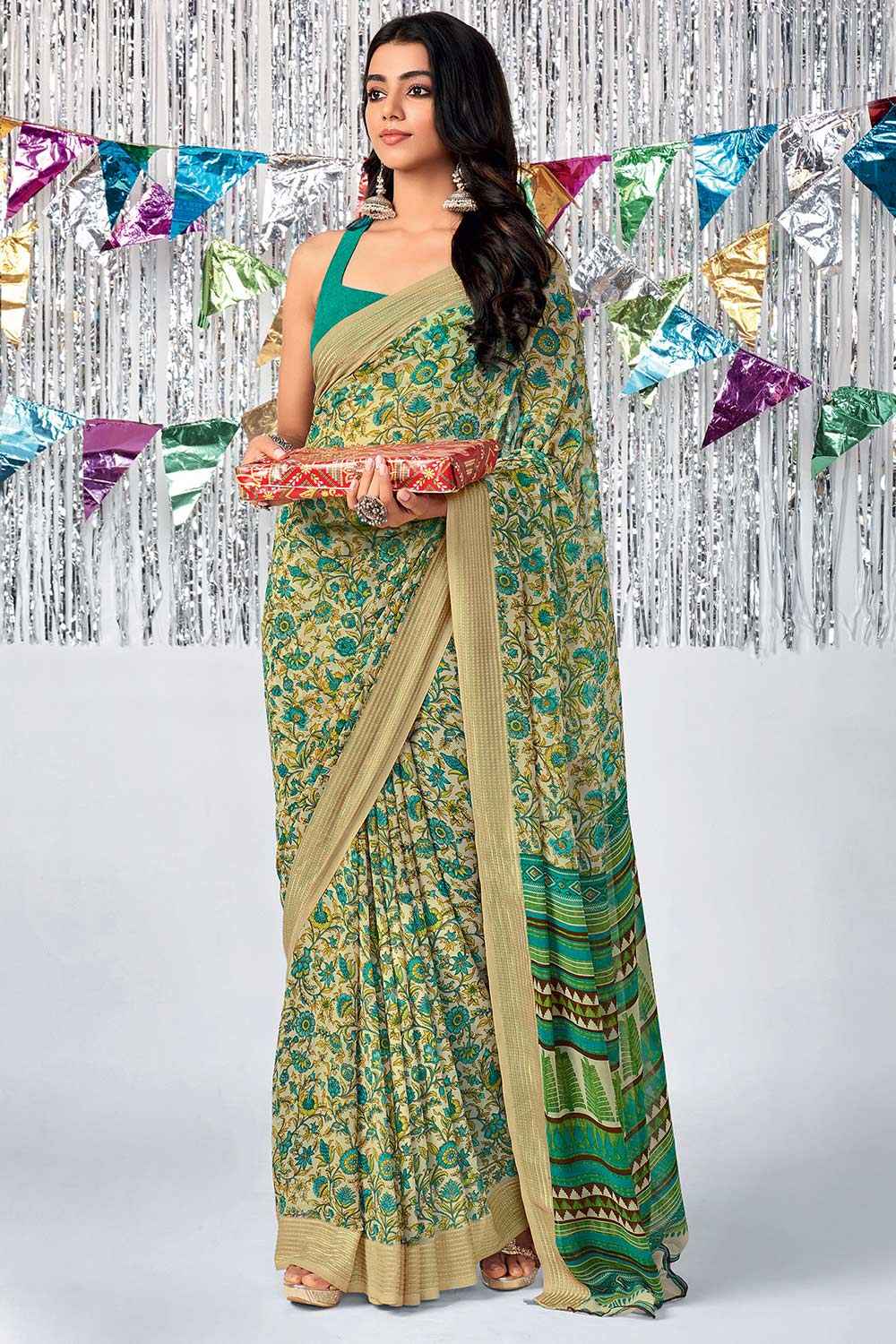 Cream Georgette Floral Printed Saree