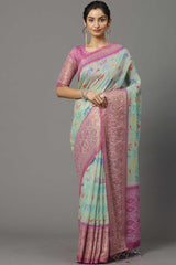 Soft Silk Botanical Saree In Sea Green