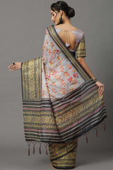 Soft Silk Botanical Saree In Grey