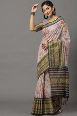 Soft Silk Botanical Saree In Grey