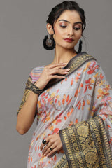 Soft Silk Botanical Saree In Grey