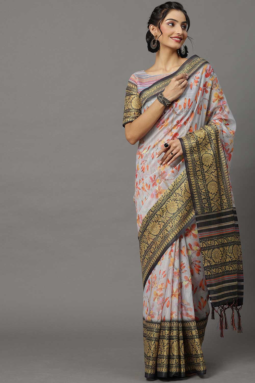 Soft Silk Botanical Saree In Grey