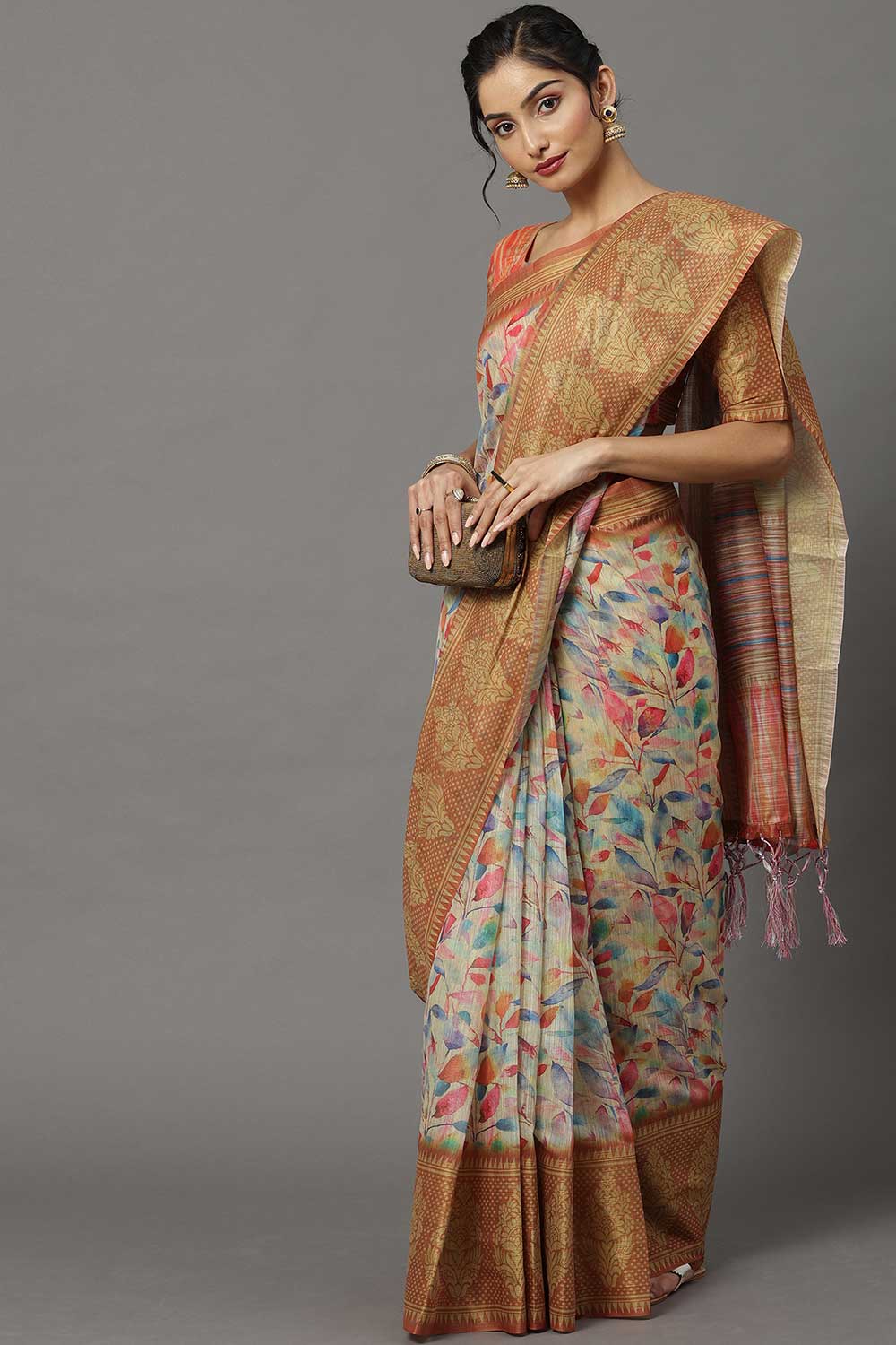 Soft Silk Botanical Saree In Cream