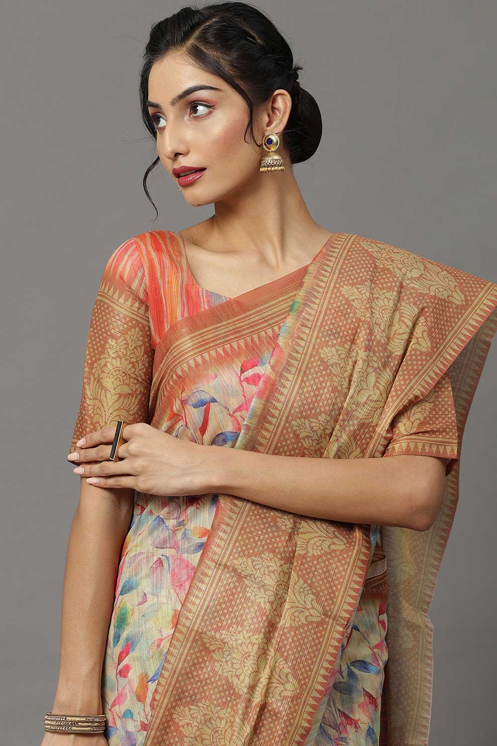 Soft Silk Botanical Saree In Cream