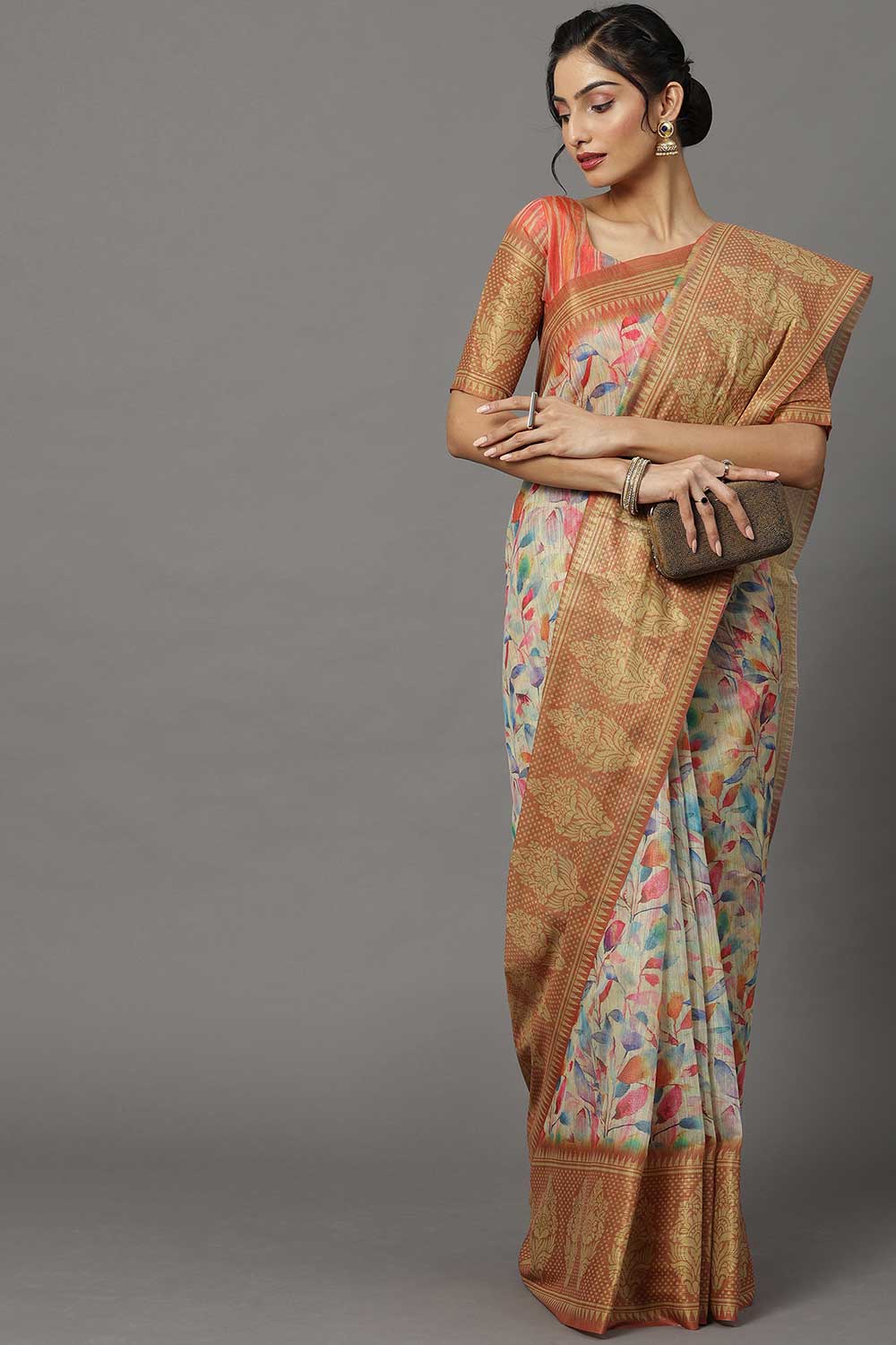 Soft Silk Botanical Saree In Cream