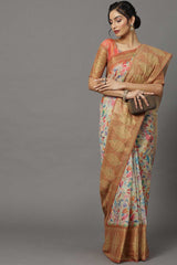 Soft Silk Botanical Saree In Cream