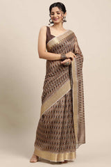 Cotton Blend Brown Digital Print Designer Saree