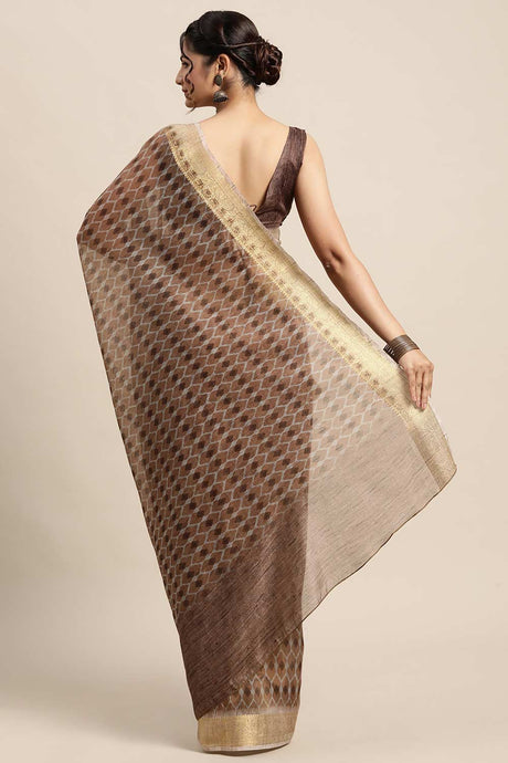 Cotton Blend Brown Digital Print Designer Saree