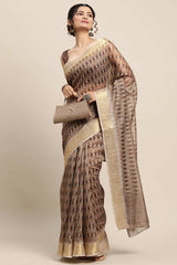 Cotton Blend Brown Digital Print Designer Saree