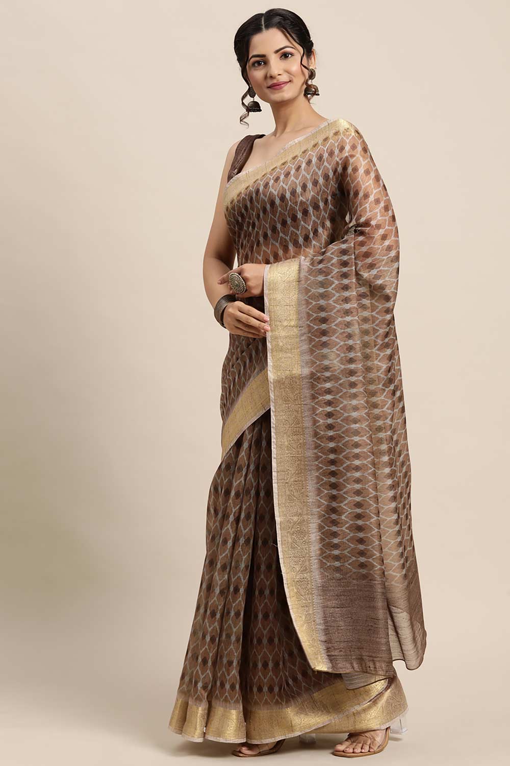 Cotton Blend Brown Digital Print Designer Saree