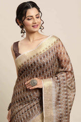 Cotton Blend Brown Digital Print Designer Saree