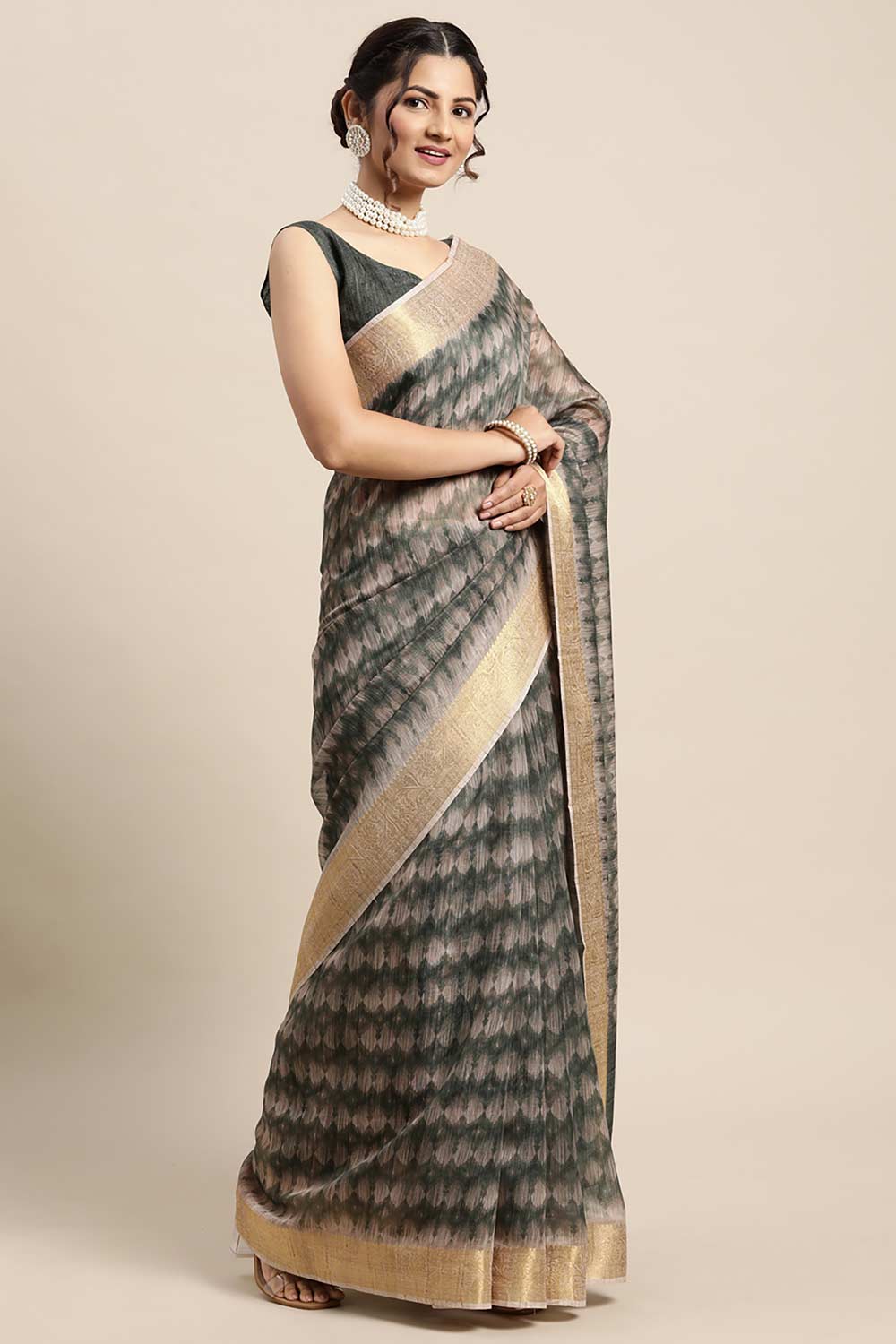 Cotton Blend Green Digital Print Designer Saree