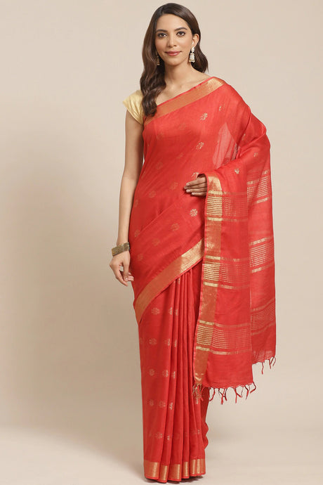 Buy Linen Woven Saree in Red