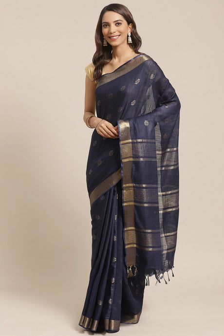 Buy Linen Woven Saree in Blue