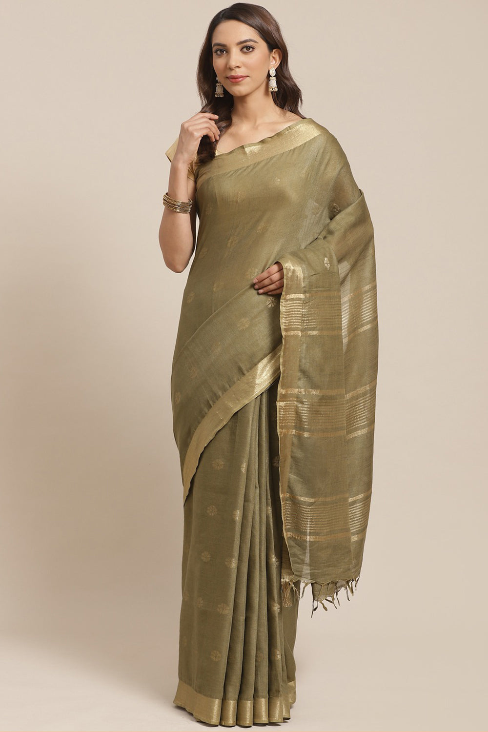 Buy Linen Woven Saree in Olive