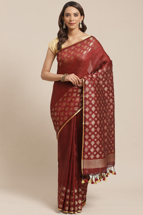 Buy Linen Woven Saree in Maroon