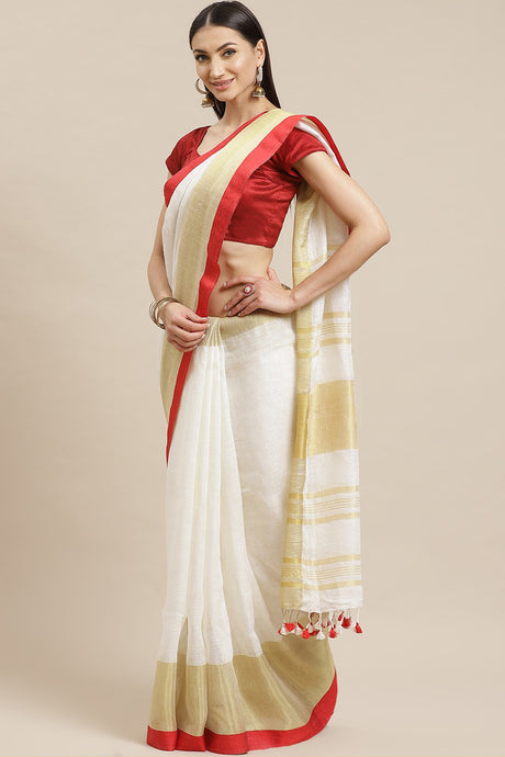 Buy Linen Woven Saree in White