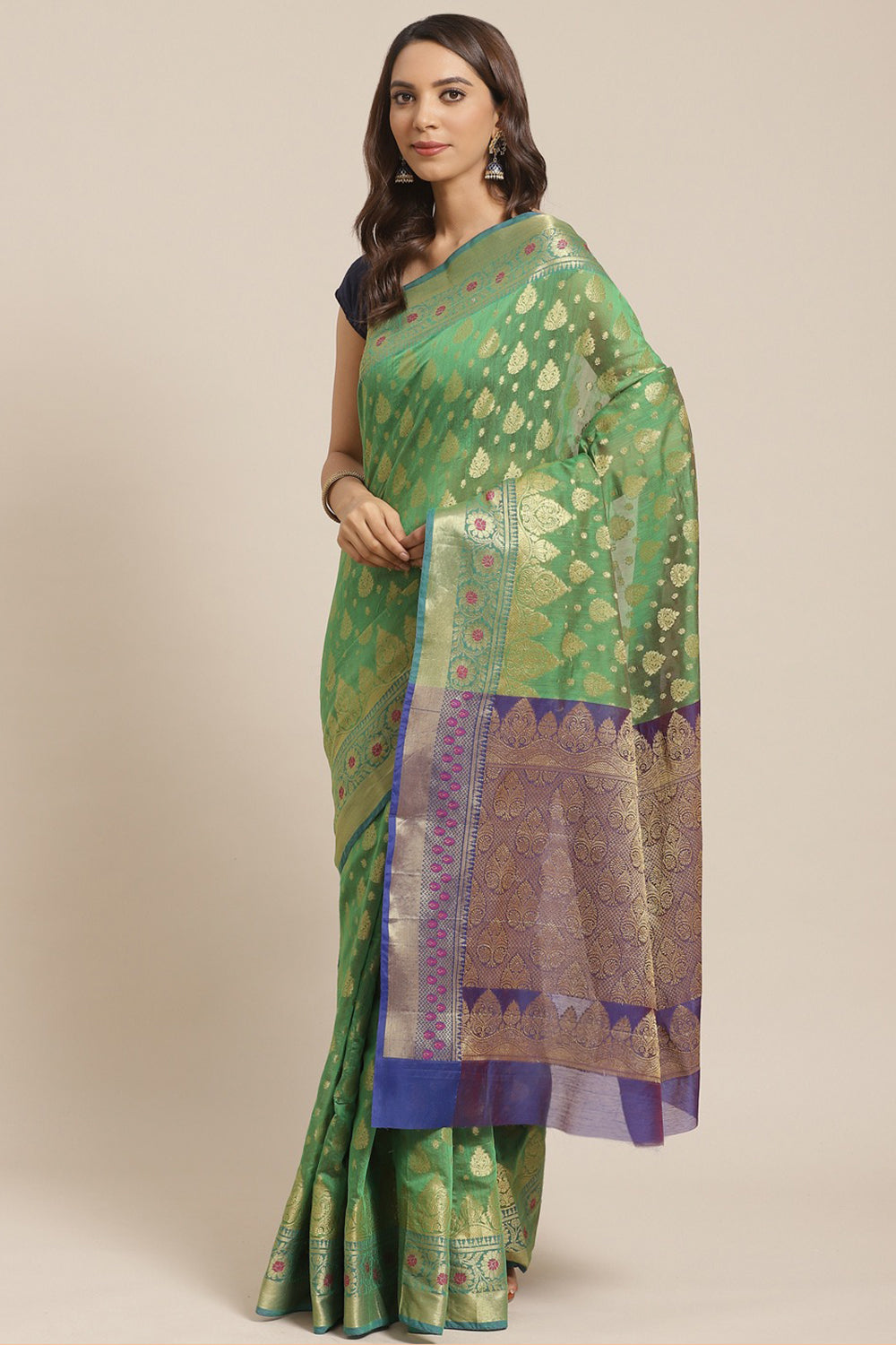 Buy Cotton Silk Woven Saree in Green