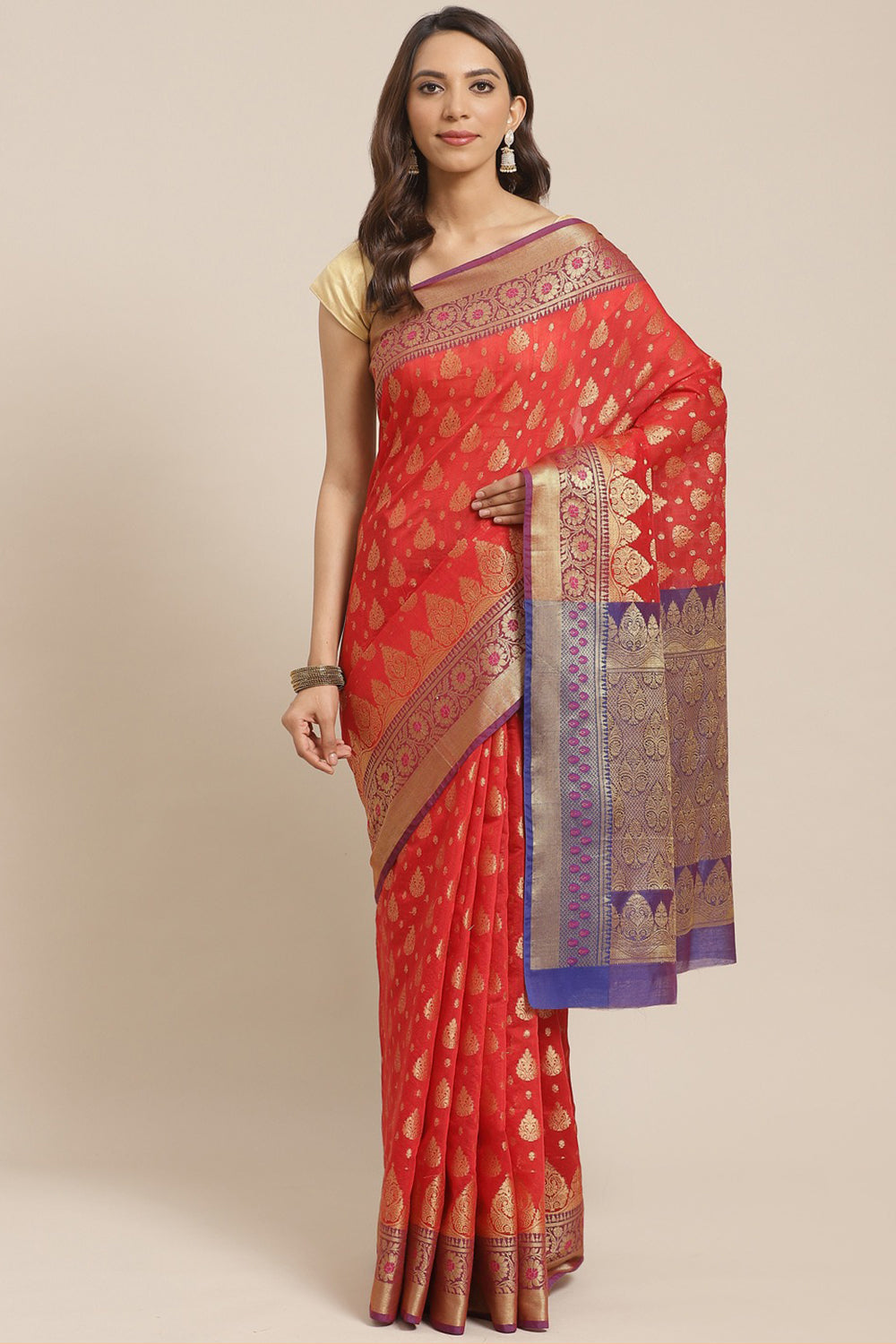 Buy Cotton Silk Woven Saree in Red