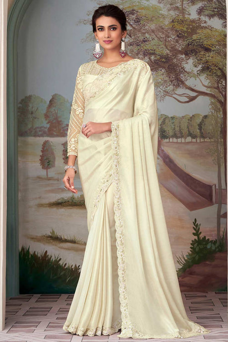 Buy Cream Satin Silk Embellished Saree Online