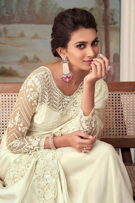 Buy Cream Satin Silk Embellished Saree Online - Back